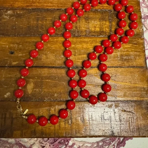 Monet Red Beaded Necklace and Earring Set - Picture 3 of 10
